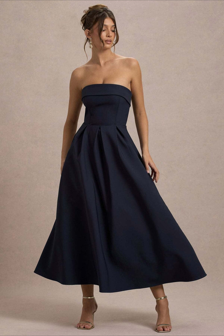 Calvorne | Women's Strapless Pleated Midi Party Dress - Navy - Image 1