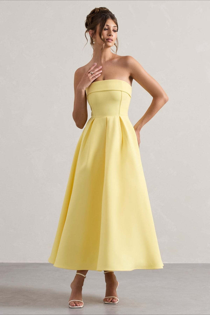 Calvorne | Women's Strapless Pleated Midi Party Dress - Navy - Image 10