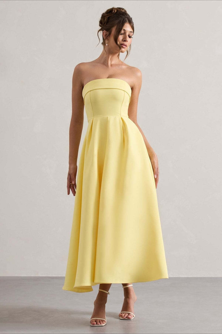 Calvorne | Women's Strapless Pleated Midi Party Dress - Navy - Image 13