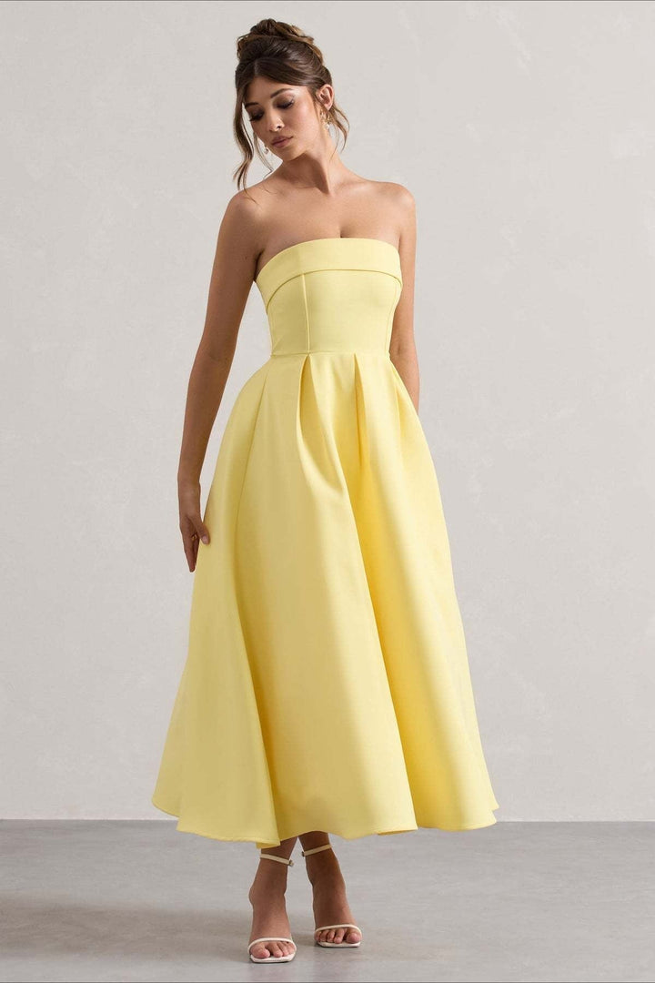 Calvorne | Women's Strapless Pleated Midi Party Dress - Navy - Image 14