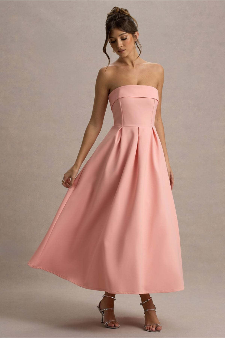 Calvorne | Women's Strapless Pleated Midi Party Dress - Navy - Image 18