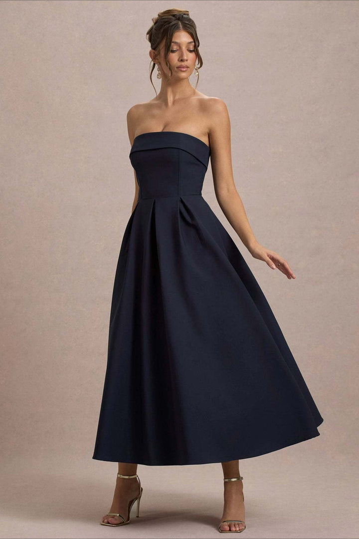 Calvorne | Women's Strapless Pleated Midi Party Dress - Navy - Image 2