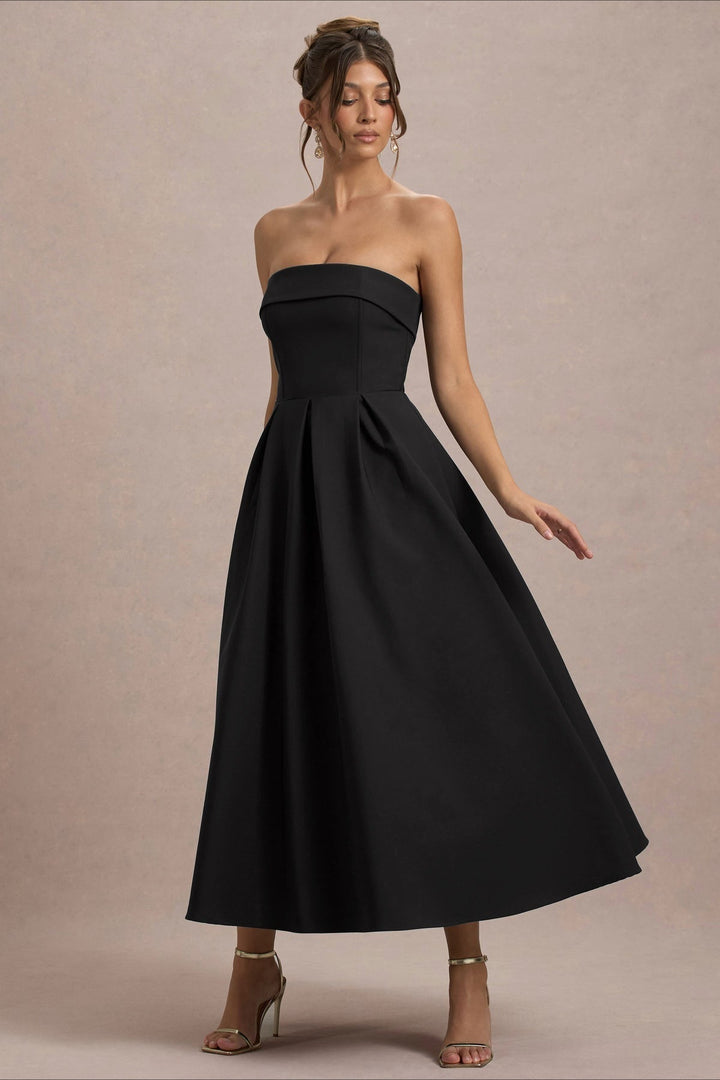 Calvorne | Women's Strapless Pleated Midi Party Dress - Navy - Image 20