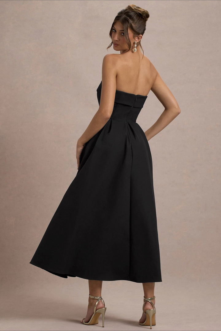 Calvorne | Women's Strapless Pleated Midi Party Dress - Navy - Image 21