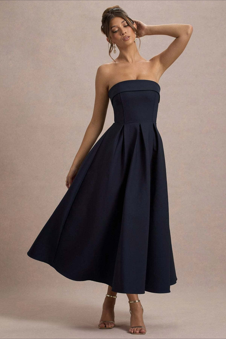 Calvorne | Women's Strapless Pleated Midi Party Dress - Navy - Image 3
