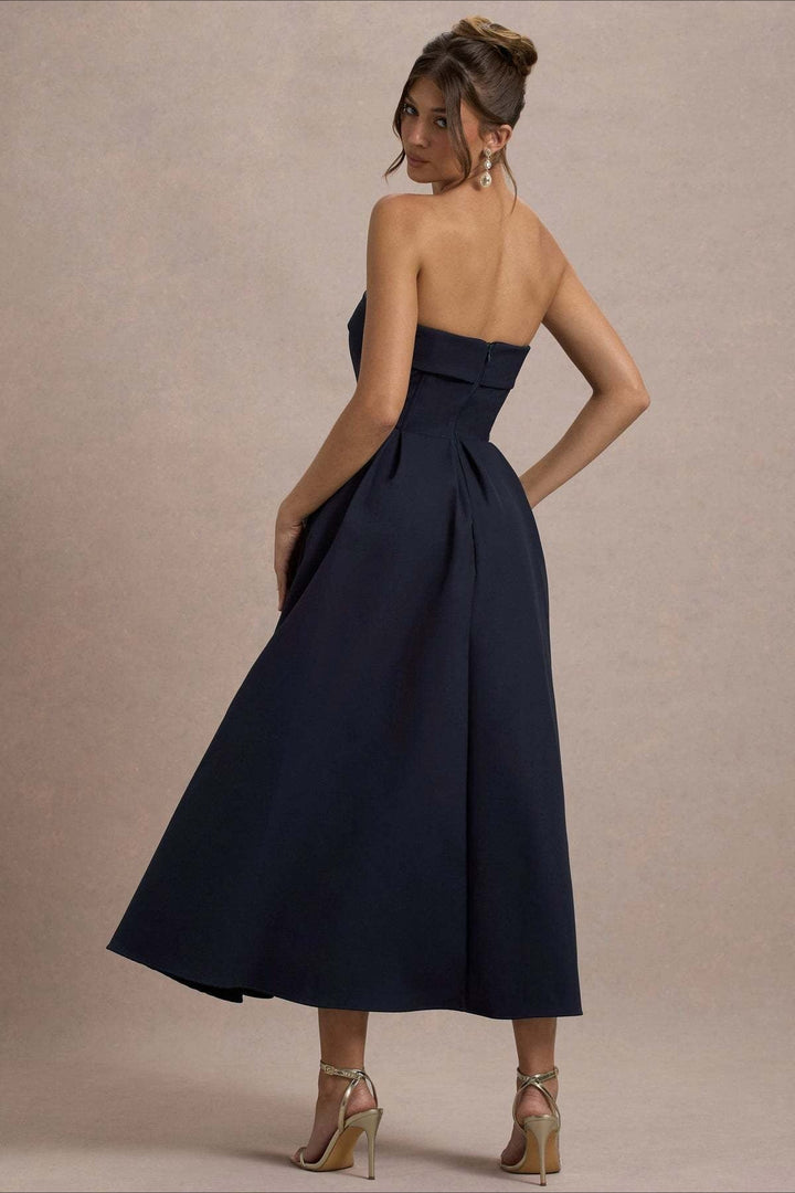 Calvorne | Women's Strapless Pleated Midi Party Dress - Navy - Image 4
