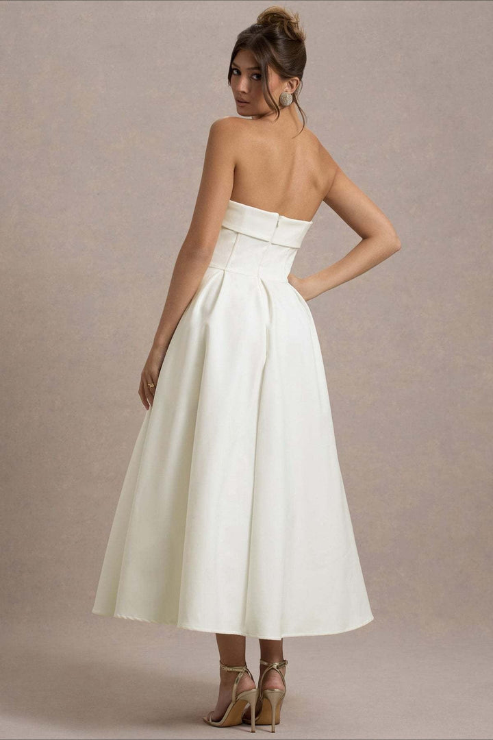 Calvorne | Women's Strapless Pleated Midi Party Dress - Navy - Image 7