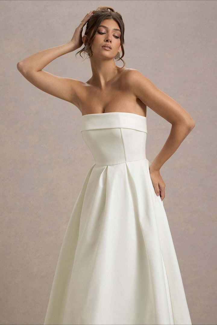 Calvorne | Women's Strapless Pleated Midi Party Dress - Navy - Image 8