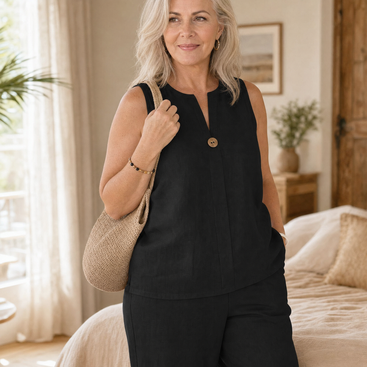Calwyn | Women's Linen Co-Ord Set with Wide-Leg Pants - Black - Image 3