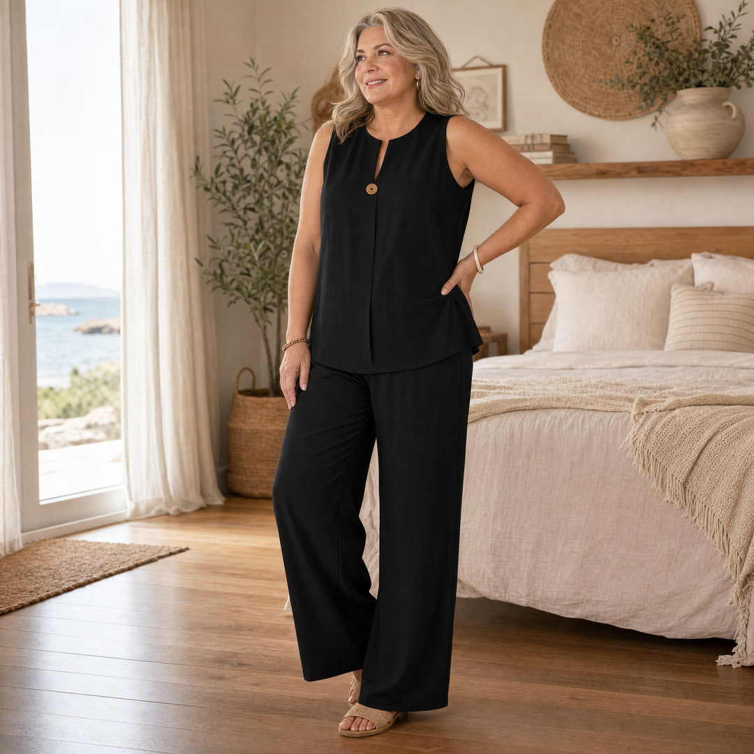 Calwyn | Women's Linen Co-Ord Set with Wide-Leg Pants - Black - Image 4