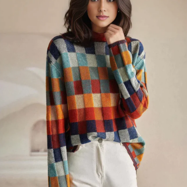 Camellia | Women's Checked Crew Neck Long Sleeve Sweater - Image 1