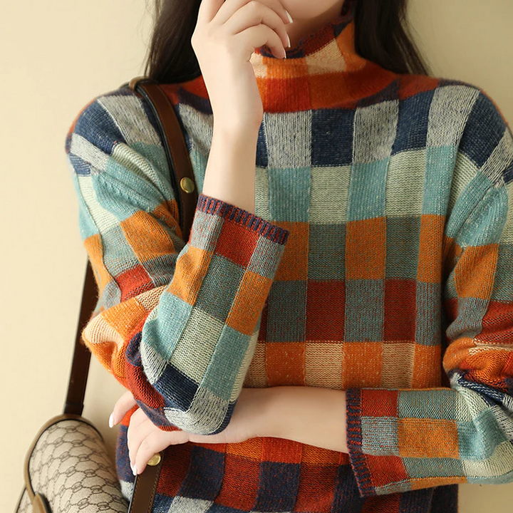 Camellia | Women's Checked Crew Neck Long Sleeve Sweater - Image 2