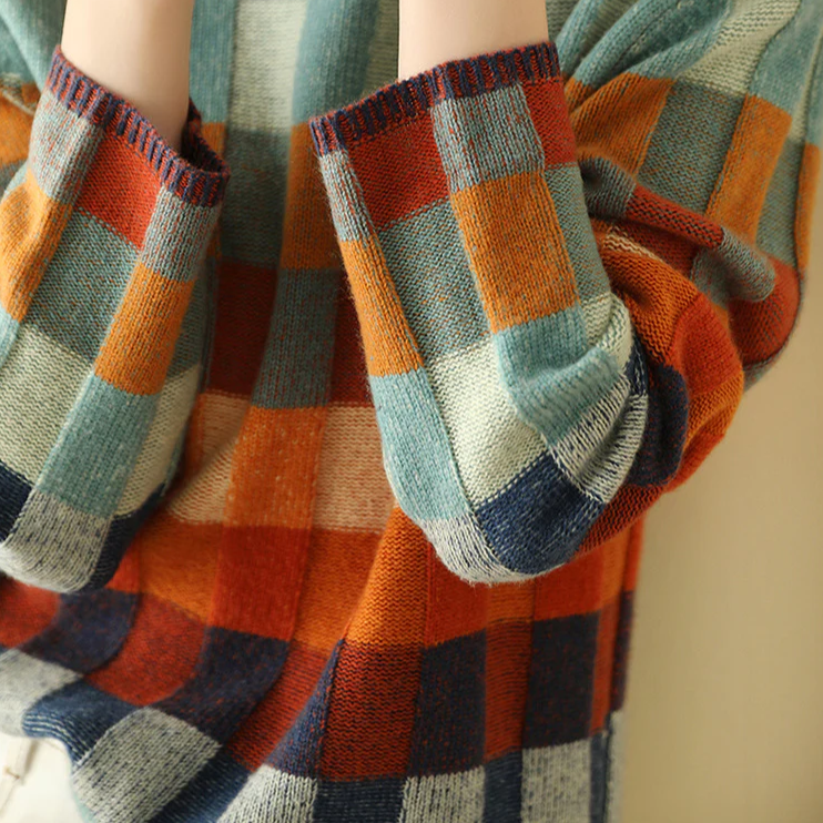 Camellia | Women's Checked Crew Neck Long Sleeve Sweater - Image 3