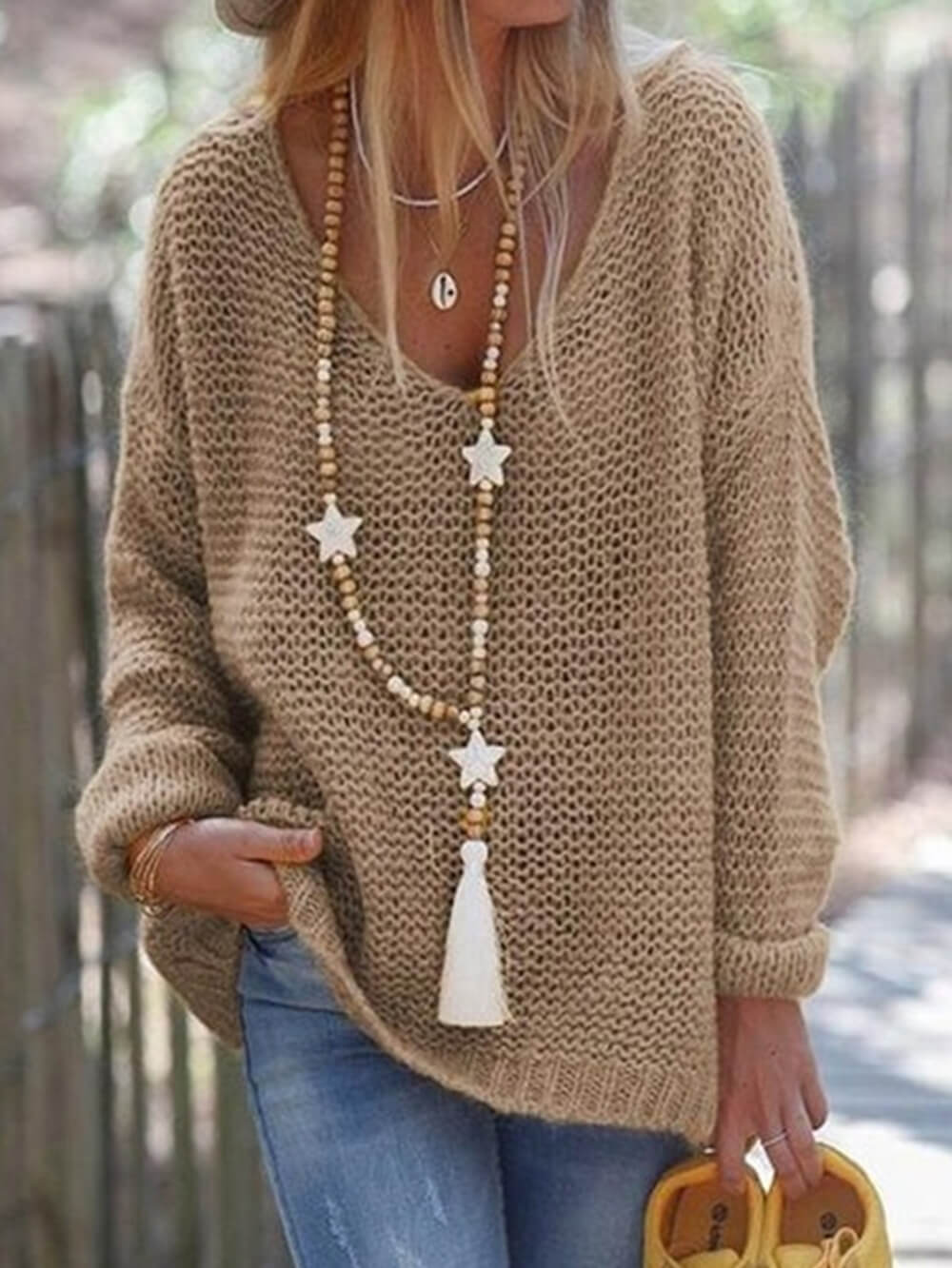 Camilla | Women's V Neck Long Sleeve Knit Sweater - Beige - Image 4