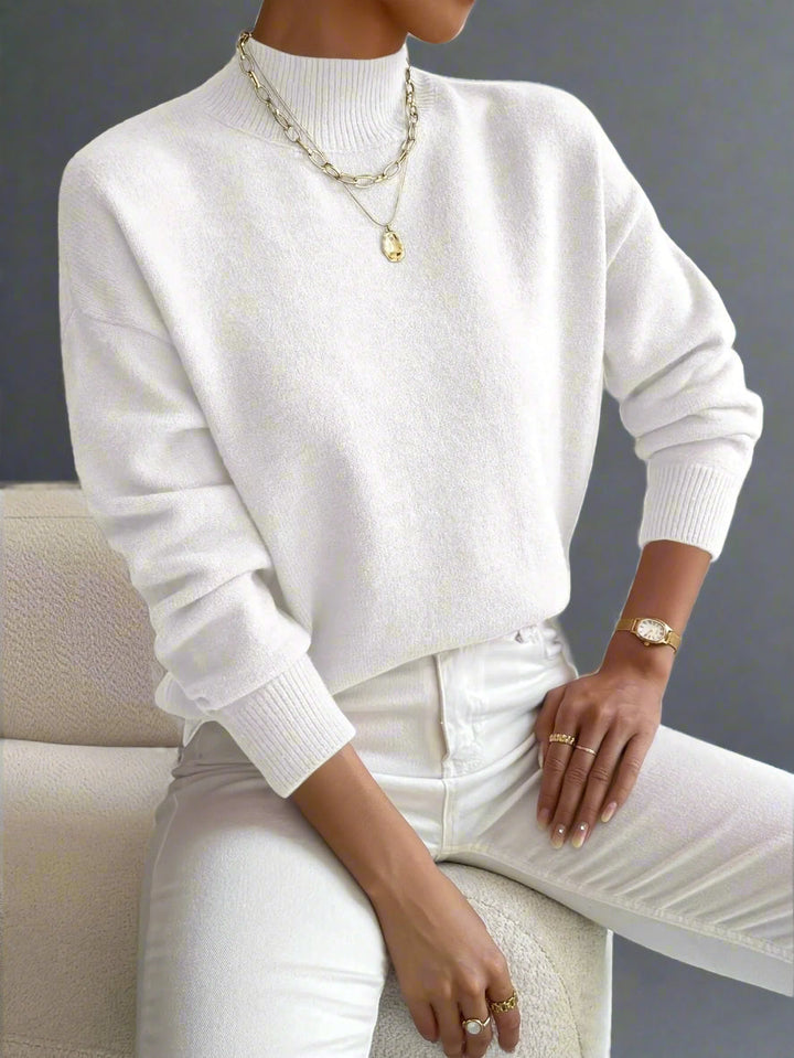 Camille | Women's Mock Neck Long Sleeve Sweater - White - Image 1