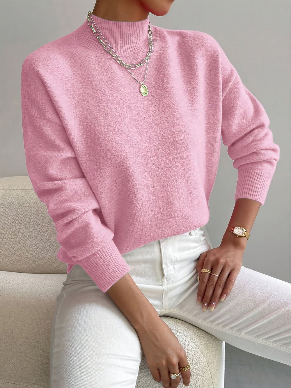 Camille | Women's Mock Neck Long Sleeve Sweater - White - Image 2