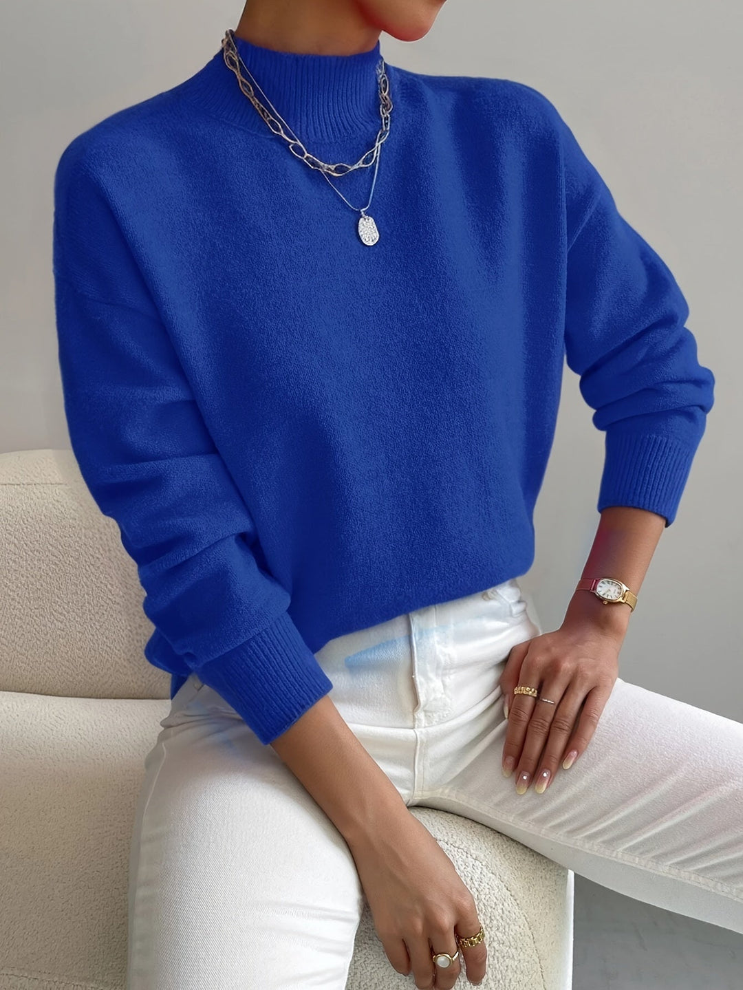 Camille | Women's Mock Neck Long Sleeve Sweater - White - Image 7