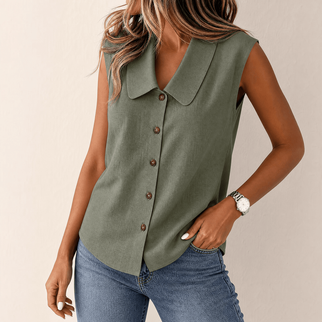 Carinda | Women's Sleeveless Collared Button-Up Blouse - Sage - Image 10