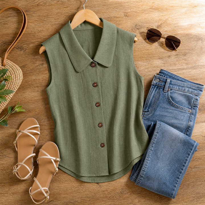 Carinda | Women's Sleeveless Collared Button-Up Blouse - Sage - Image 5