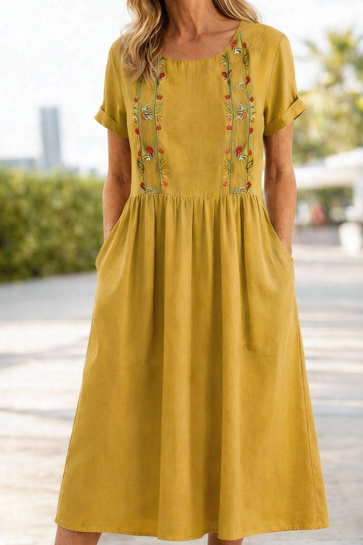 Carvena | Women's Linen Summer Dress Midi - Mustard - Image 1