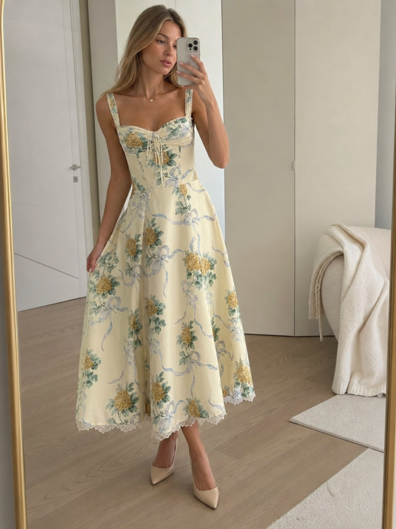 Cassia | Women's Floral Midi Dress Corset Bodice - Cream - Image 1
