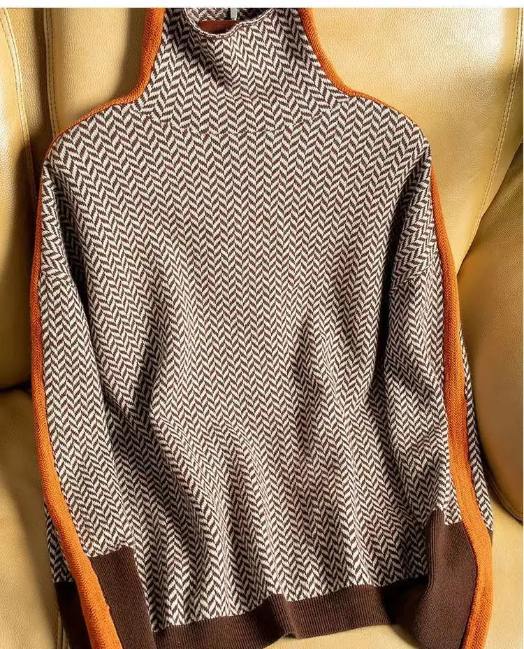 Cassia | Women's Herringbone Turtleneck Sweater - Brown - Image 1