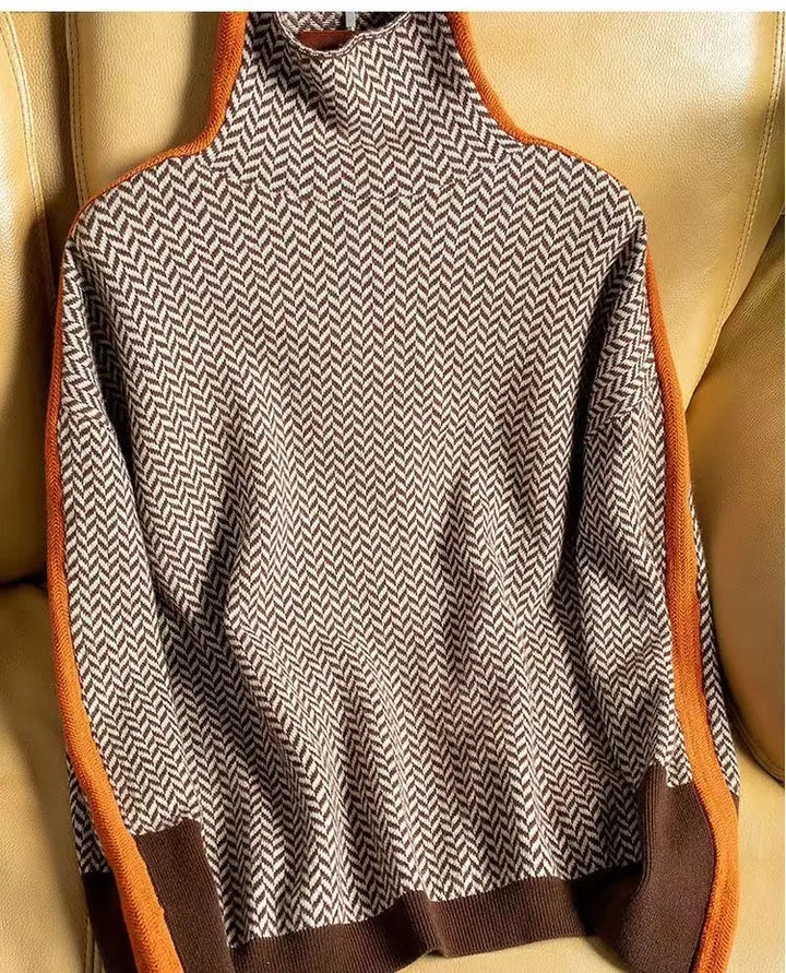 Cassia | Women's Herringbone Turtleneck Sweater - Brown - Image 1