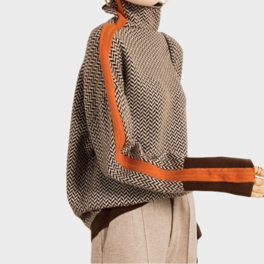 Cassia | Women's Herringbone Turtleneck Sweater - Brown - Image 3