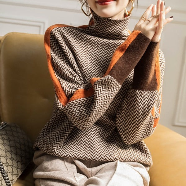 Cassia | Women's Herringbone Turtleneck Sweater - Brown - Image 4