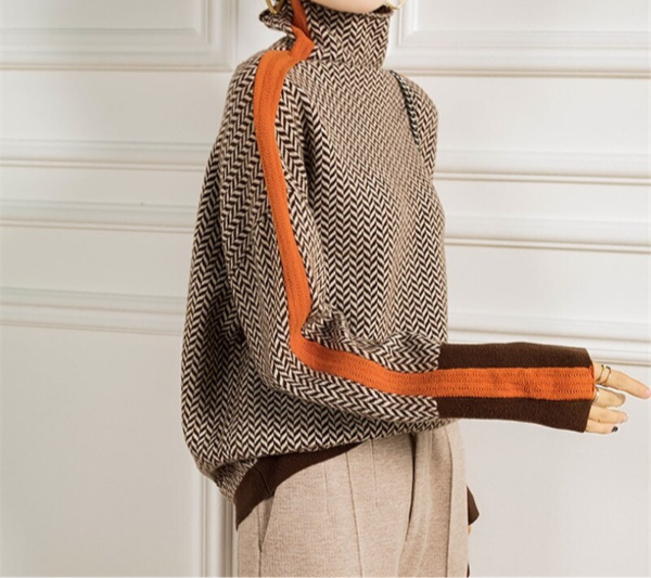 Cassia | Women's Herringbone Turtleneck Sweater - Brown - Image 5