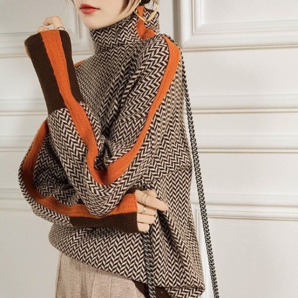 Cassia | Women's Herringbone Turtleneck Sweater - Brown - Image 6