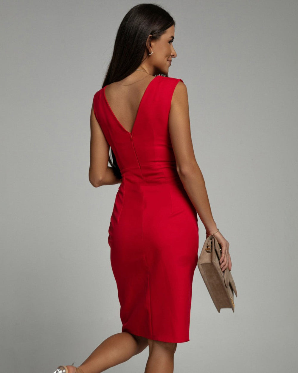 Cassia | Women's V-Neck Sleeveless Fitted Dress - Red - Image 2