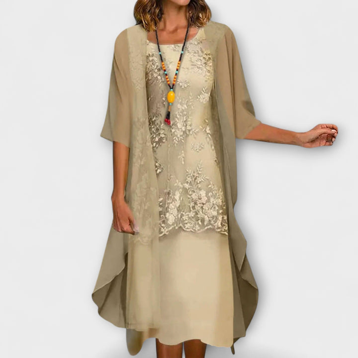 Catriona | Women's Formal Lace Overlay Midi Dress - Champagne - Image 1