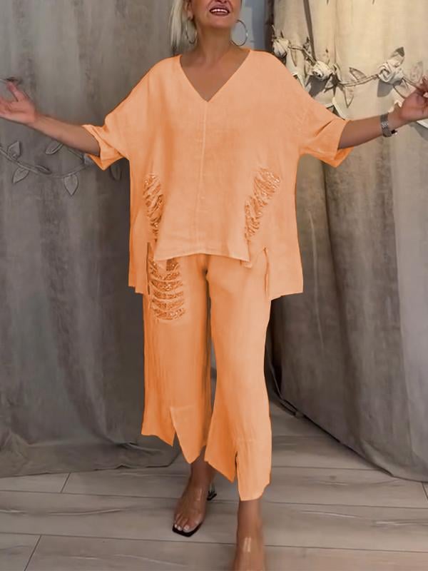 Cleo | Women's Two-Piece Set Wide Leg Pants V-Neck Top