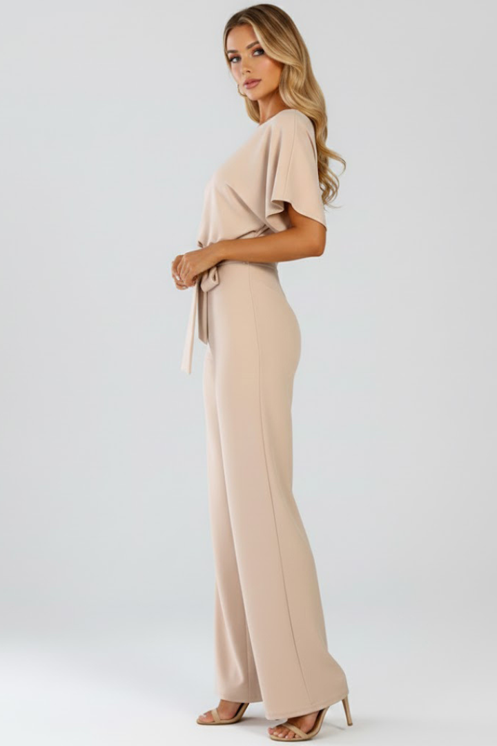 Celina | Women's Wide Leg Belted Jumpsuit - Beige - Image 4