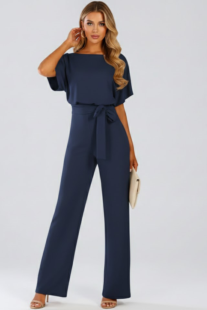 Celina | Women's Wide Leg Belted Jumpsuit - Beige - Image 8