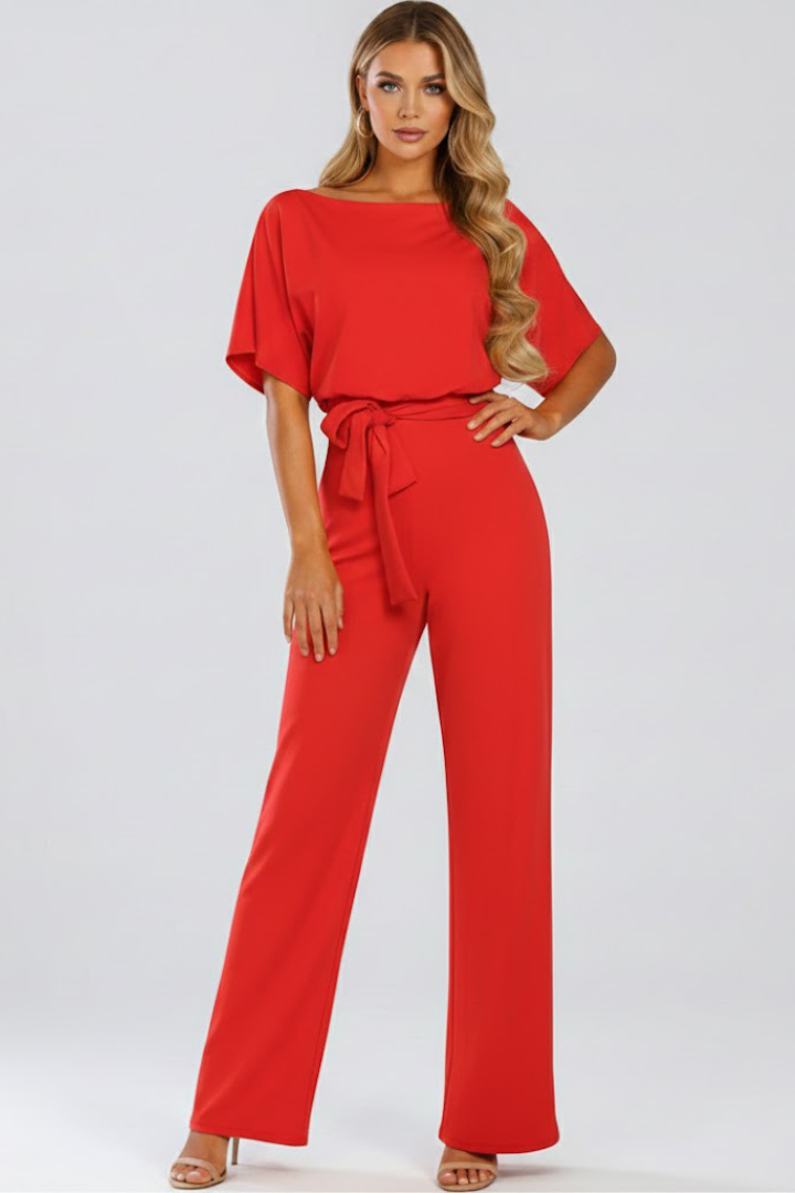 Celina | Women's Wide Leg Belted Jumpsuit - Beige - Image 9