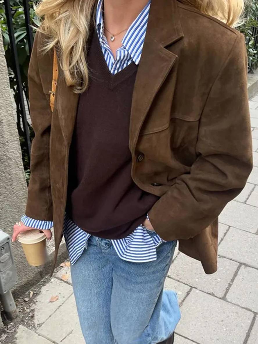 Celinda | Women's Tailored Button Blazer Jacket - Brown - Image 3
