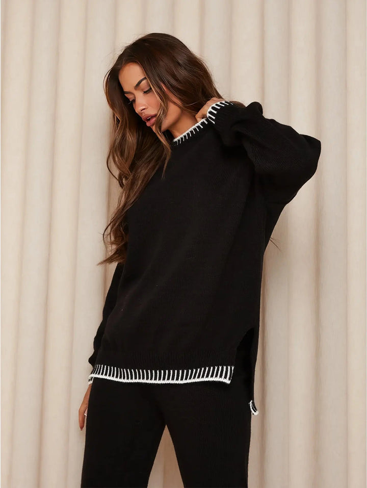 Celine | Women's Oversized Sweater Wide Leg Lounge Set - Beige - Image 4
