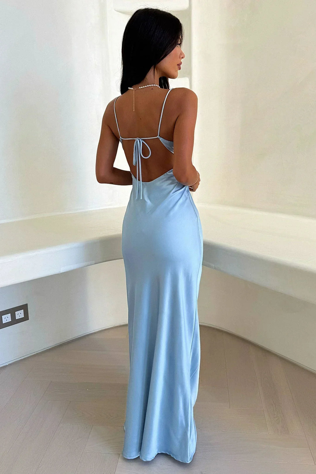 Celvaine | Women's Formal Maxi Dress Satin Slip Gown - Baby Blue - Image 5