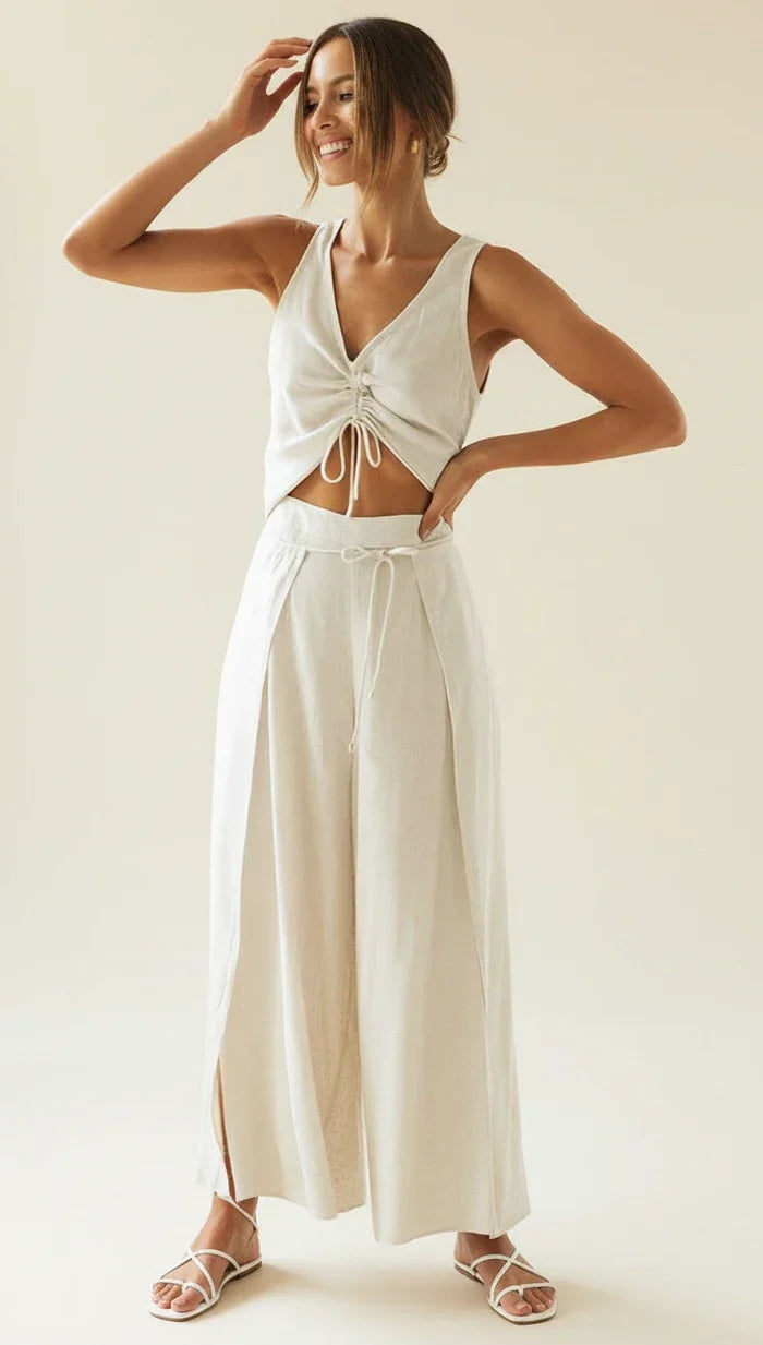Celvaine | Women's Linen Two-Piece Set Wide-Leg - White - Image 1