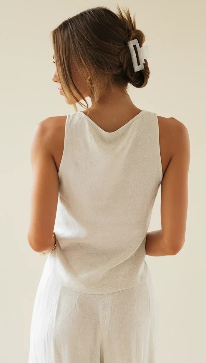 Celvaine | Women's Linen Two-Piece Set Wide-Leg - White - Image 2