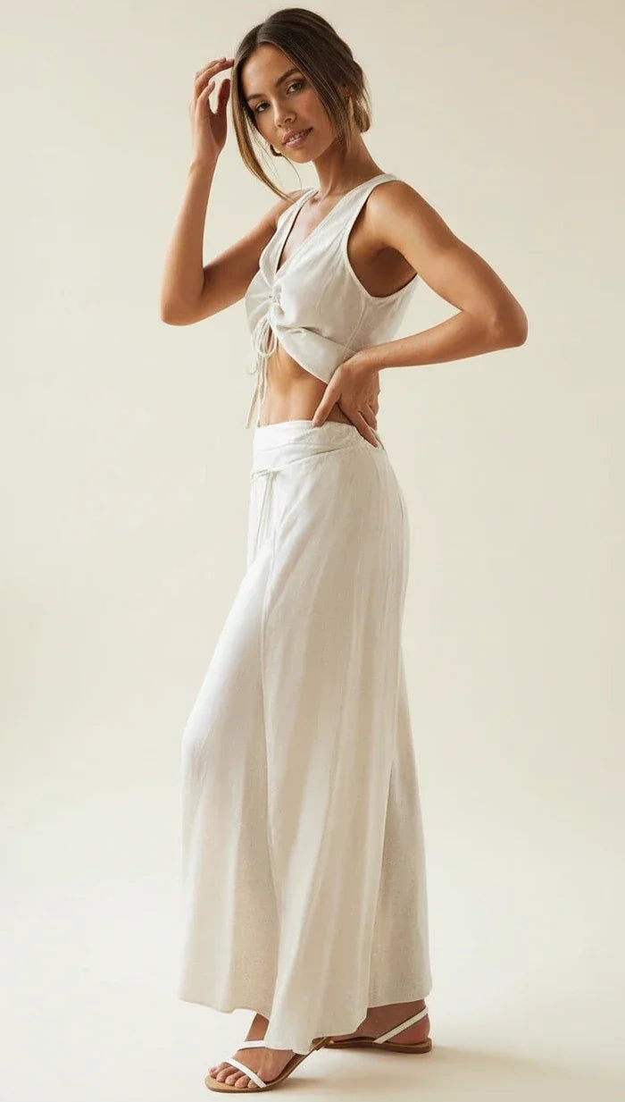 Celvaine | Women's Linen Two-Piece Set Wide-Leg - White - Image 3