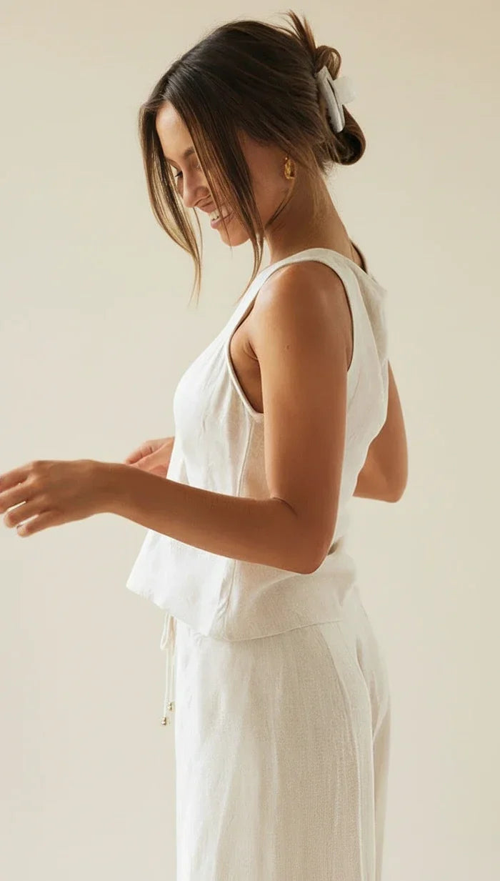 Celvaine | Women's Linen Two-Piece Set Wide-Leg - White - Image 4
