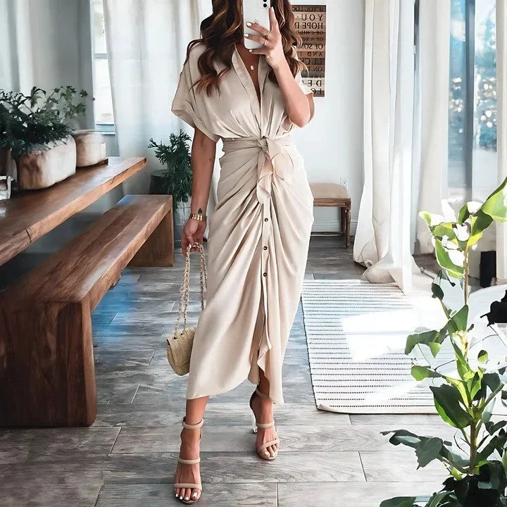 Celvara | Women's Summer Midi Shirt Dress - Beige - Image 1