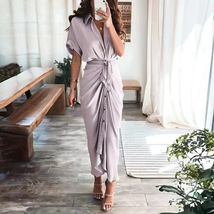 Celvara | Women's Summer Midi Shirt Dress - Beige - Image 10