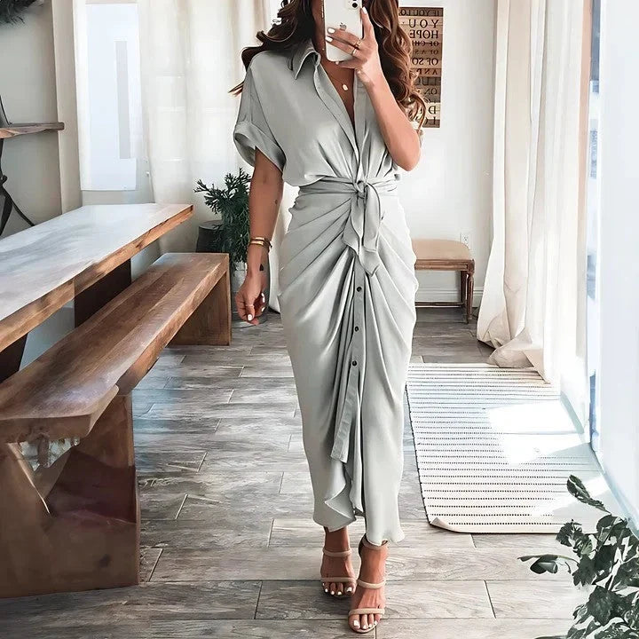 Celvara | Women's Summer Midi Shirt Dress - Beige - Image 2