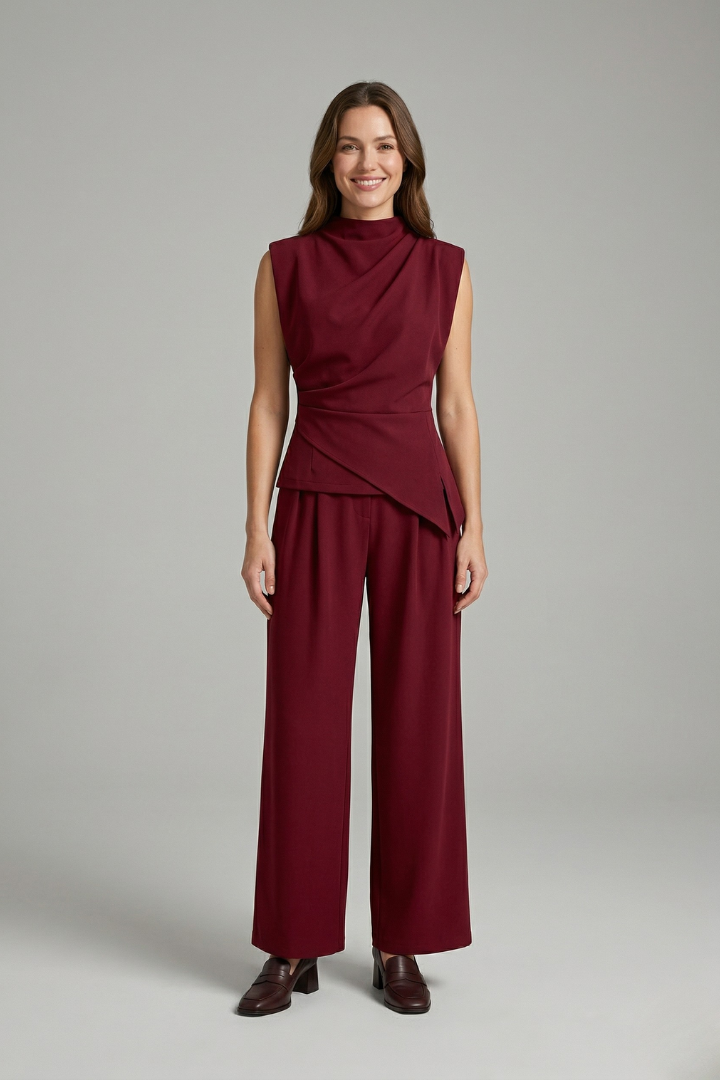 Celveth | Women's Two Piece Set Wide Leg Trousers - Burgundy - Image 1