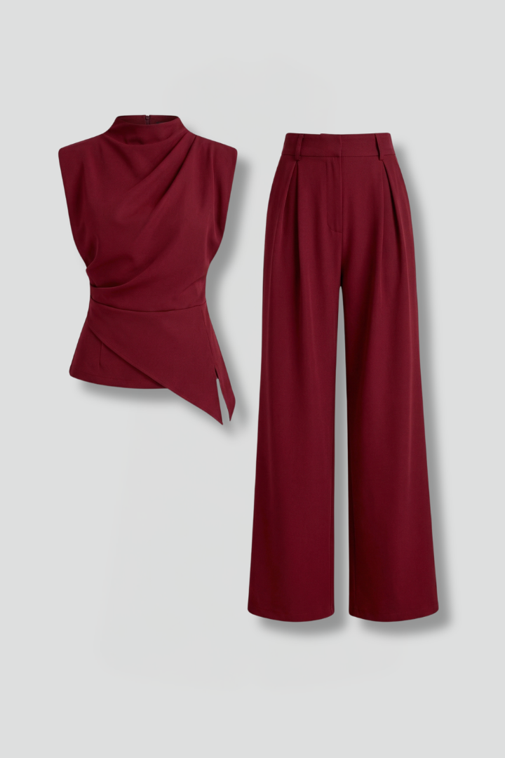 Celveth | Women's Two Piece Set Wide Leg Trousers - Burgundy - Image 2