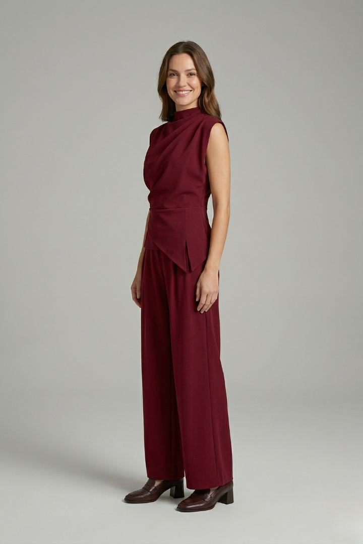 Celveth | Women's Two Piece Set Wide Leg Trousers - Burgundy - Image 3